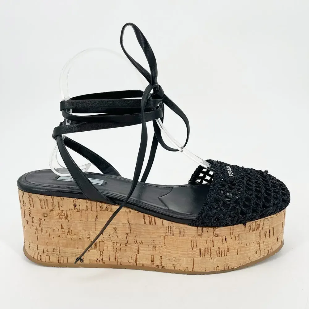 Prada Black Raffia Crochet Logo Cork Platform Lace Up Ankle Tie Sandals IT 41